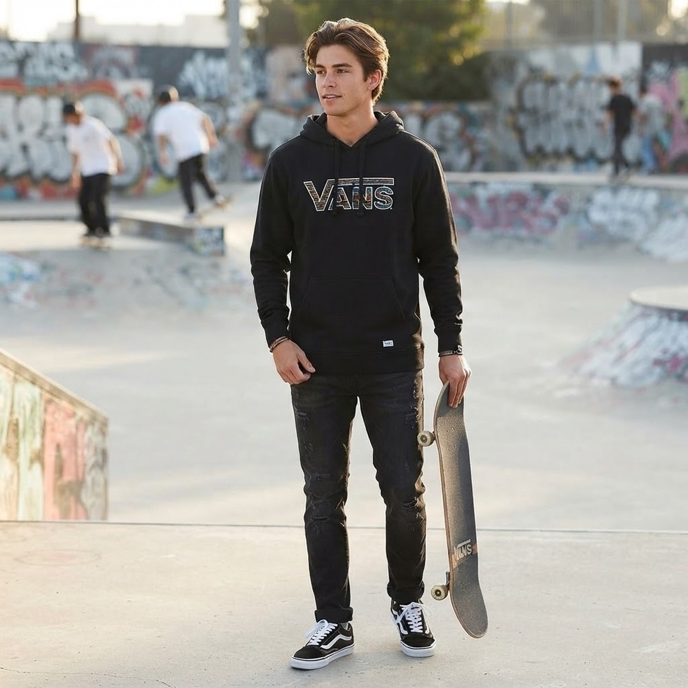 Vans Vintage Size Small Black Hoodie Spellout Long Sleeve Pullover Sweatshirt